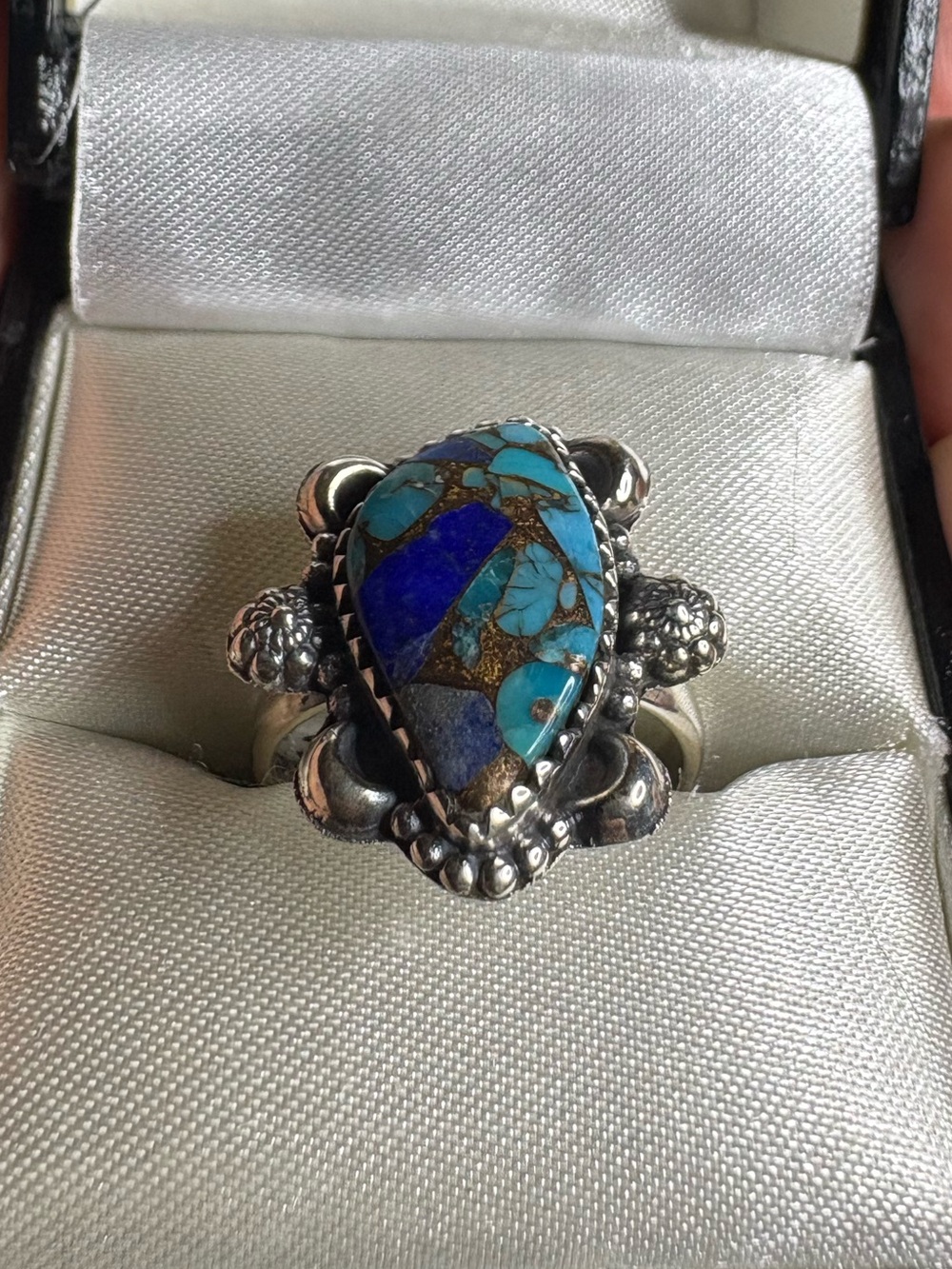 Ring Blue Dahlia Turquoise and Lapis Mosaic 925 Sterling Silver Floral Southwest - Picture 4 of 5